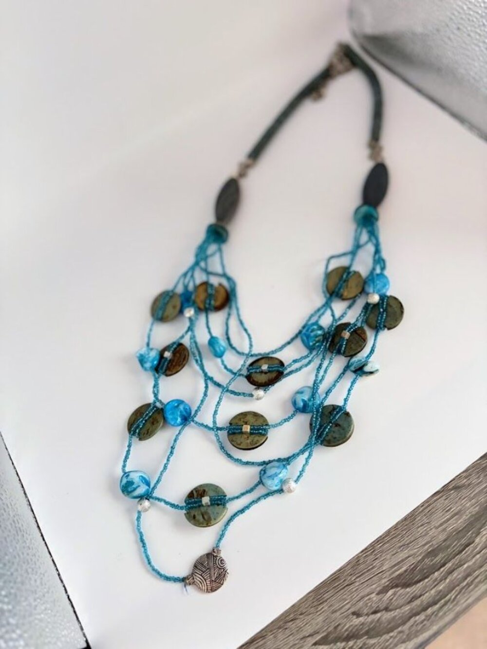 Chico's Turquoise Blue Seed Bead & Shell Layered Statement Necklace - Picture 2 of 5